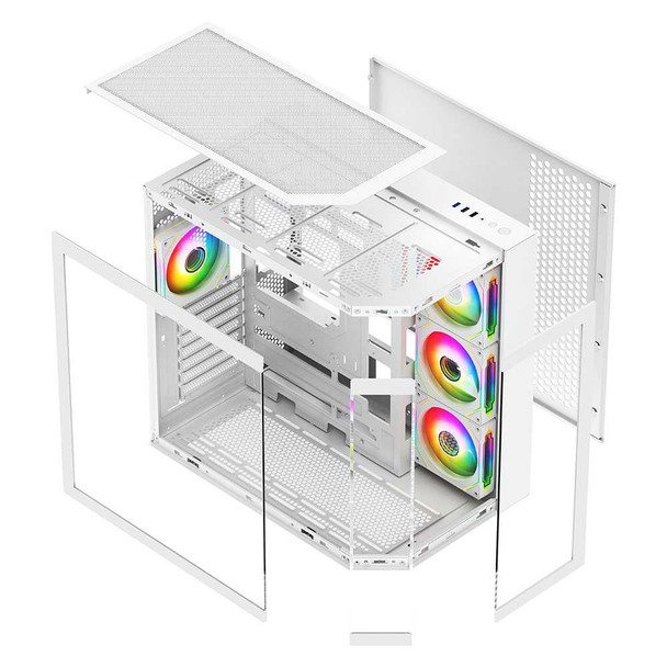 Vida Edge White ARGB Gaming Cube Case w/ Glass Side, Front & Corner, ATX, 4x ARGB PWM Fans, 6-Port Fan Hub & Remote Control, Asus BTF Compatible physical VIDA New EDGE-WHT MemoX