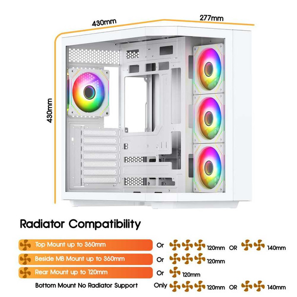 Vida Edge White ARGB Gaming Cube Case w/ Glass Side, Front & Corner, ATX, 4x ARGB PWM Fans, 6-Port Fan Hub & Remote Control, Asus BTF Compatible physical VIDA New EDGE-WHT MemoX