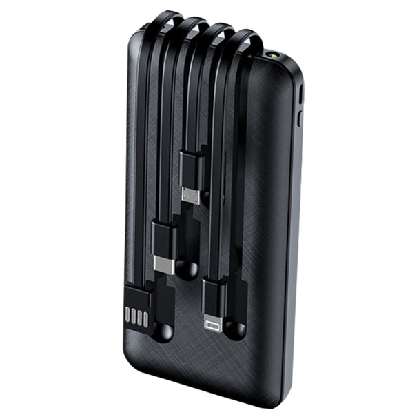 Prevo SP2010 Power Bank,10000mAh Portable Charging for Smart Phones, Tablets and Other Devices, Charge 4 Devices with Prefitted Lightning, USB Type-C, Micro-USB & USB Cables, LED Torch, Black