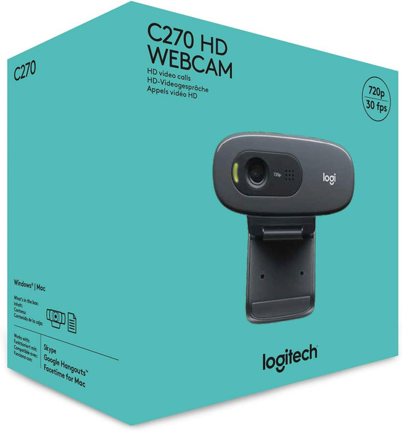 Logitech C270 HD Webcam, HD 720p/30fps, Widescreen HD Video Calling, HD Light Correction, Noise-Reducing Mic, For Skype, FaceTime, Hangouts, WebEx, PC/Mac/Laptop/Macbook/Tablet, Black