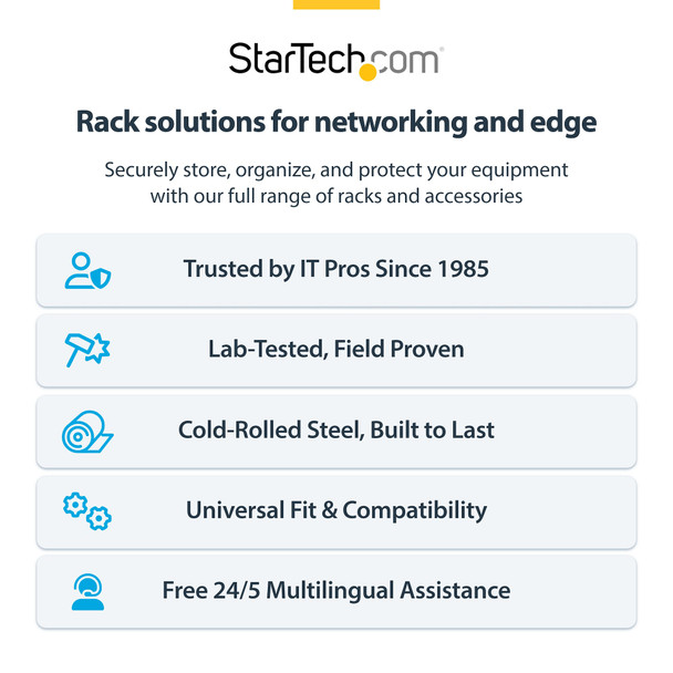 StarTech 25U 4-Post Open Frame Server Rack – Adjustable 22–40in, Mobile
