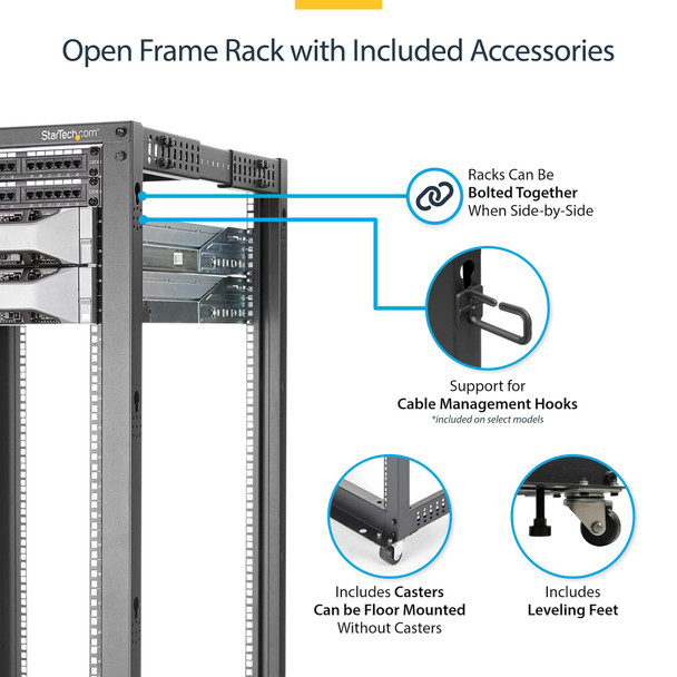 StarTech 25U 4-Post Open Frame Server Rack – Adjustable 22–40in, Mobile