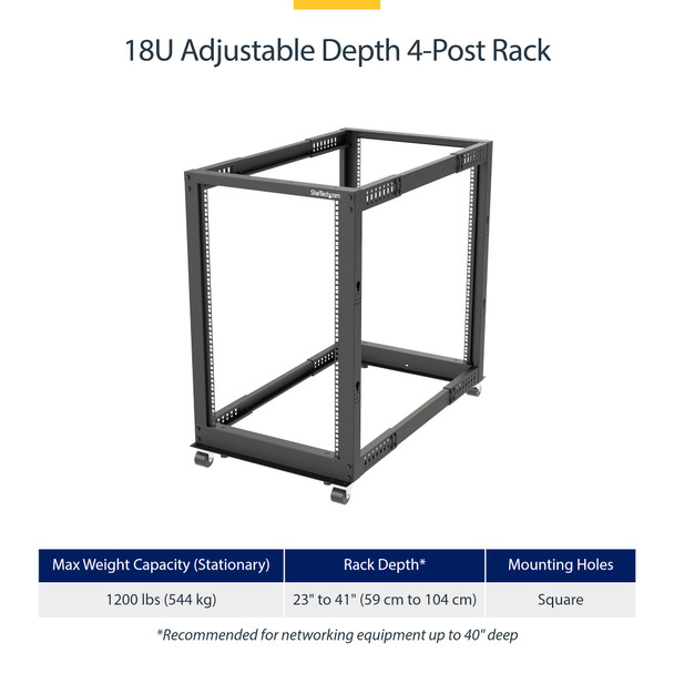 StarTech 18U 4-Post Open Frame Server Rack – Adjustable 22–40in, Mobile