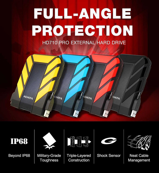 ADATA 1TB HD710 Pro Rugged External Hard Drive, 2.5", USB 3.1, IP68 Water/Dust Proof, Shock Proof, Yellow physical ADATA New AHD710P-1TU31-CYL MemoX