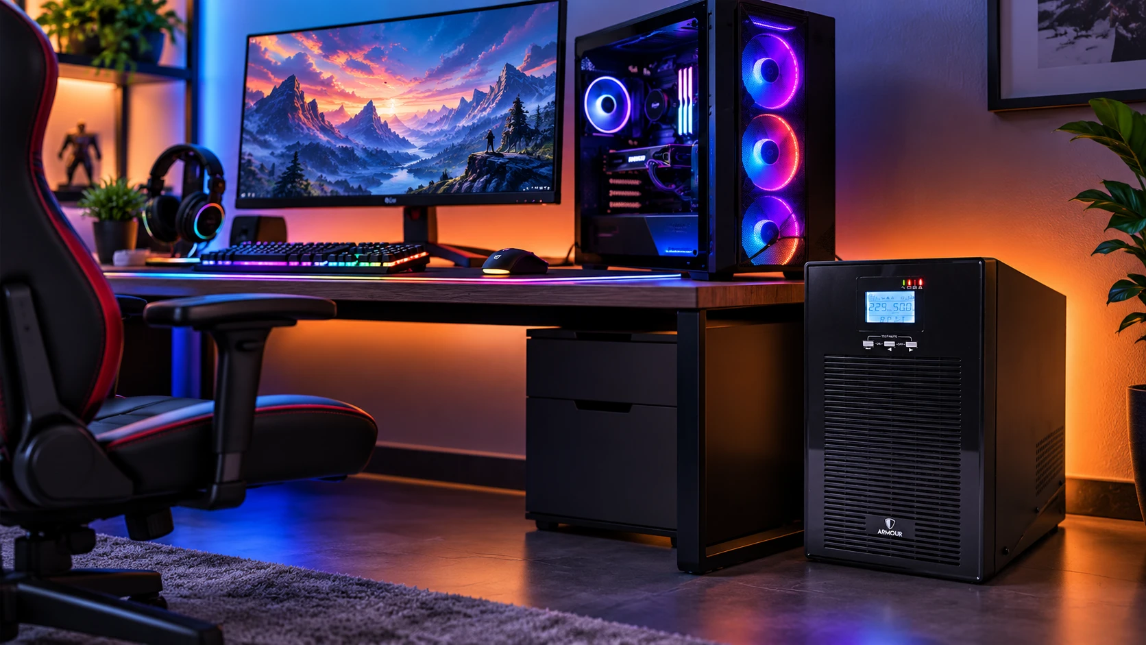 VIDA Armour ARM3000 UPS beside a high-end gaming PC setup