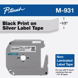 M-931 | Original Brother Non-Laminated Tape for P-touch, 0.47" X 26.2 Ft - Black on Silver