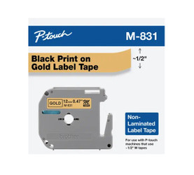 M-831 | Original Brother Non-Laminated Tape for P-touch, 0.47" X 26.2 Ft - Black on Gold