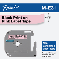 M-E31 | Original Brother Non-Laminated Tape for P-touch, 0.47" X 26.2 Ft - Black on Pink