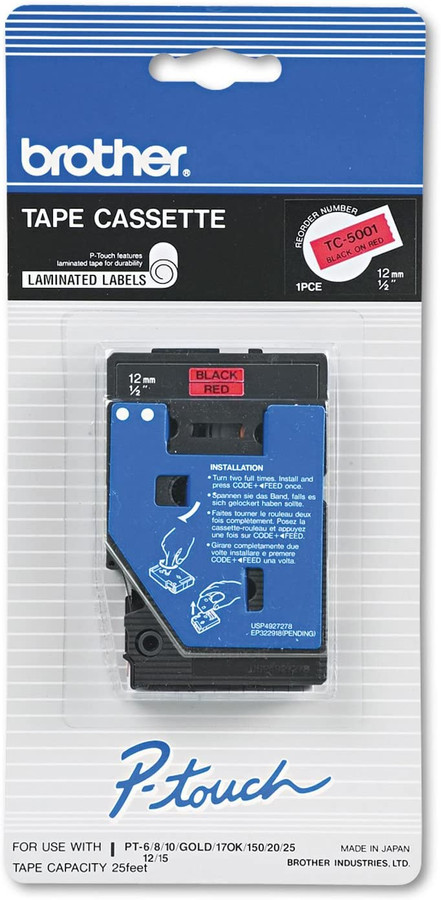 TC-5001 | Original Brother Tape Cartridge For P-Touch Labelers, 0.47" X 25.2 Ft - Black on Red