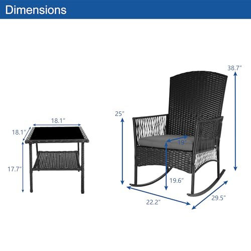 CIRMUBUY 3 Piece Patio Conversation Set, Outdoor Rocking Chairs Set of 2, Wicker Furniture Set with Glass Top Coffee Table and Cushions for Porch Garden Backyard Lawn (Grey Rattan, Blue Cushion)
