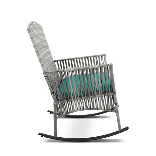 CIRMUBUY 3 Piece Patio Conversation Set, Outdoor Rocking Chairs Set of 2, Wicker Furniture Set with Glass Top Coffee Table and Cushions for Porch Garden Backyard Lawn (Grey Rattan, Blue Cushion)