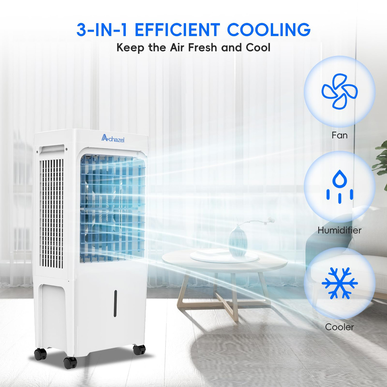 ACHAZEL 1,882 CFM Evaporative Air Cooler with Remote Control,3-Speed Portable Swamp Cooler with 12H Timer, 120° Oscillation, 3-in-1 Water Cooler Fan with 6.61 Gal Water Tank for Indoor Outdoor Use