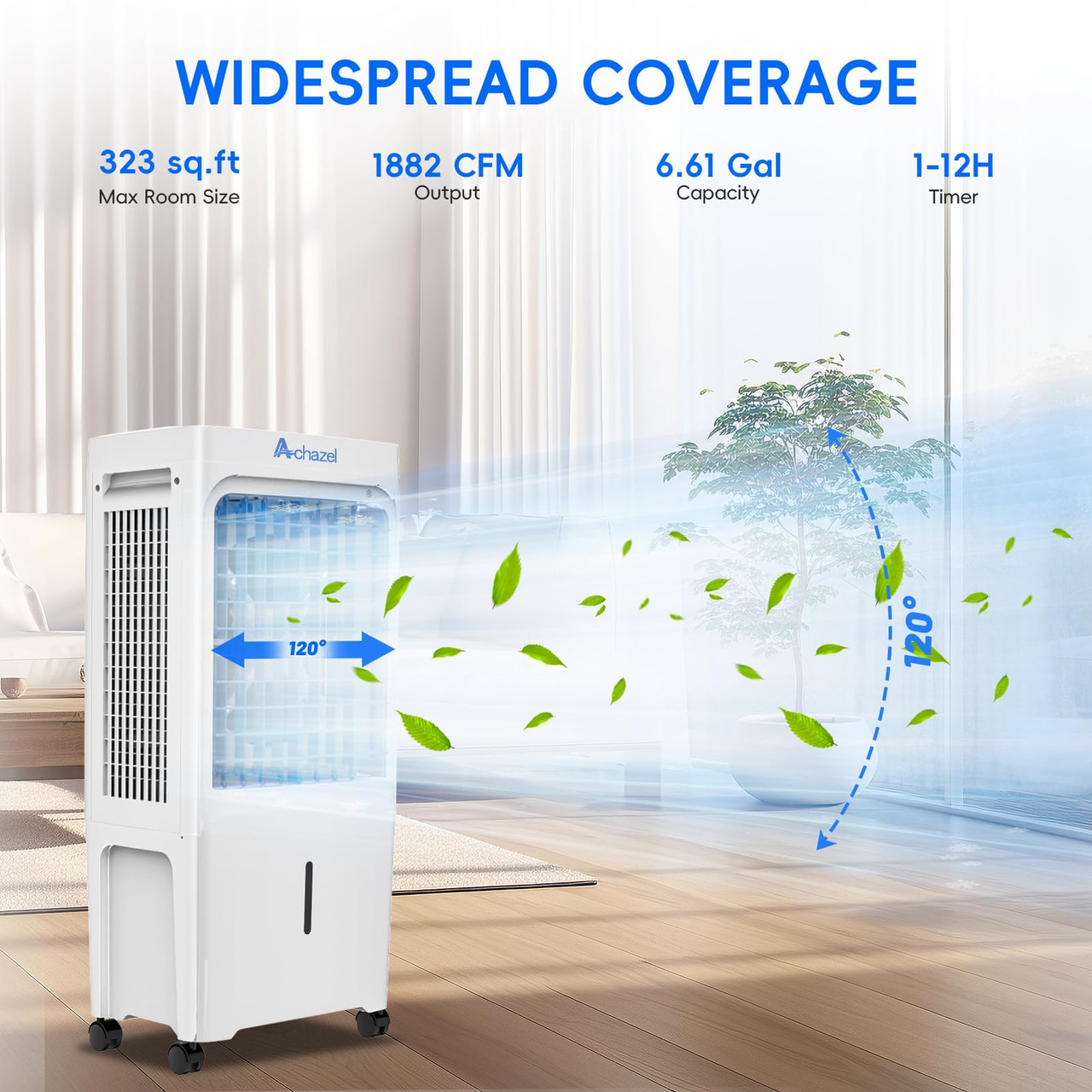 ACHAZEL 1,882 CFM Evaporative Air Cooler with Remote Control,3-Speed Portable Swamp Cooler with 12H Timer, 120° Oscillation, 3-in-1 Water Cooler Fan with 6.61 Gal Water Tank for Indoor Outdoor Use