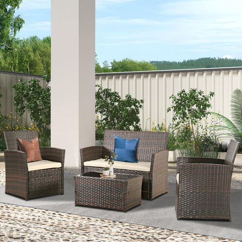 HYDRAGARDEN 4 Piece Patio Furniture Set, Outdoor Wicker Conversation Sets with Cushion, Rattan Sofa Chair for Backyard Lawn Garden (Brown Wicker/Beige Cushion)