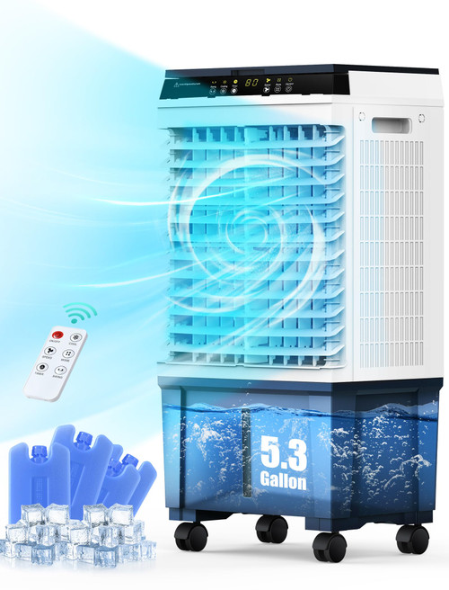 Air Choice Evaporative Air Cooler, 1800CFM Swamp Cooler with 12H Timer, 110° Oscillation, Remote Control, 5.3 Gal Water Tank & 4 Ice Packs, 3 Speeds, 3-in-1 Evaporative Cooler for Outdoor Indoor Use