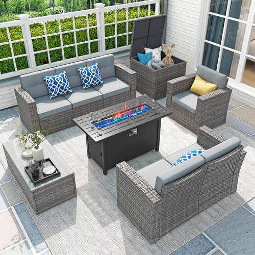 JOIVI Patio Couch Set - 9 Piece Patio Conversation Set with Fire Pit, Patio Furniture Set w/Metal Frame, All-Weather Durability, Storage Box, 3 Pillows Included, Perfect for Evening Parties, Grey