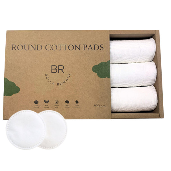 Bella Romani Cotton Rounds Makeup Remover Pads - Pack of 300 - Organic Pads, Lint Free, Eco-Friendly, Compostable, Unique Triple Layers & Ultra Soft - Nail Polish Remover (Brown and Craft Box)