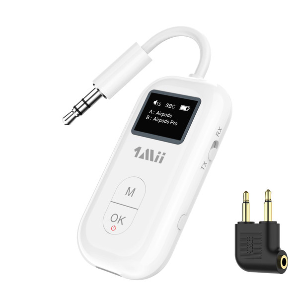 1Mii Bluetooth 5.3 Wireless Audio Transmitter Receiver for 2 Airpods Wireless Headphone, Audio Adapter with AptX Low Lantency OLED Display 3.5mm Plug on Airplane Gym TV PC iPad/Tablet Auto