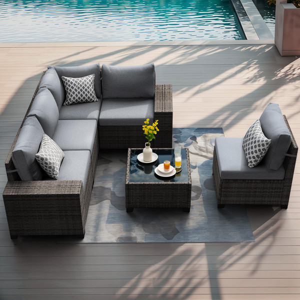 JOIVI Patio Furniture Set with Coffee Table - Flexible 6 Piece Wicker Outdoor Sofa Configuration, Enhanced Comfort with Additional Cushion Covers, Ideal for Sprawling Family Game Nights, Grey