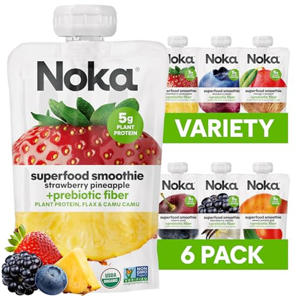 Noka Superfood Fruit Smoothie Pouches Variety Pack, Healthy Snacks with Flax Seed, Plant Protein and Prebiotic Fiber, Vegan and Gluten Free Snacks, Organic Squeeze Pouch, 4.22 oz, 6 Count