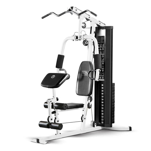 Marcy Dual Functioning Body Fitness Workout 150 Pound Stack Home Gym System with Adjustable Preacher Curler Pad and Overhead Lat Station, White/Black