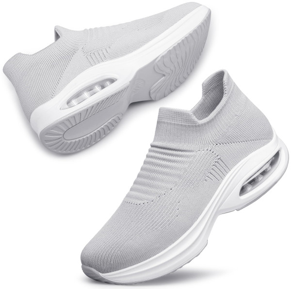 DOUSSPRT Womens Walking Shoes Sock Casual Ladies Fashion Sneakers Comfortable Slip On Air Cushion Platform LightGrey 8