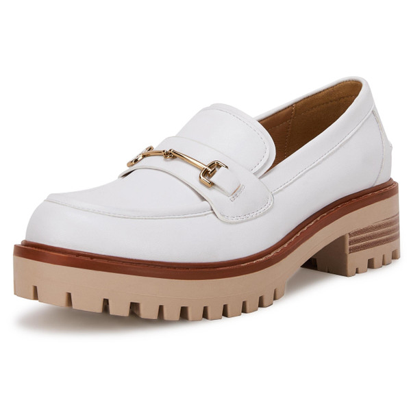 Womens Lug Sole Platform Mid Chunky Heel Loafers Classic Round Toe Slip On Office Uniform Oxfords Shoes with Metal Chain White