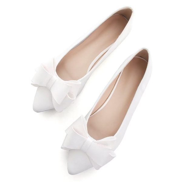 TN TANGNEST Women Fashion Bowknot Flats Comfort Pointed Toe Dress Shoes White 39(7.5)