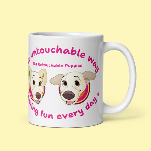 White glossy mug / Floppy Ears and Curly Tail / having fun every day