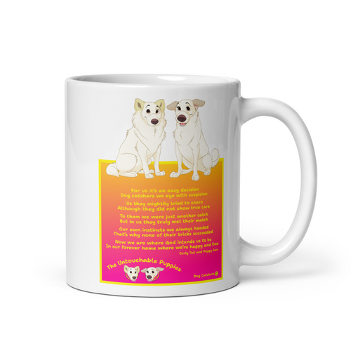 White glossy mug / Floppy Ears and Curly Tail / Dog Catchers poem