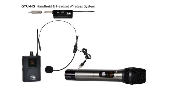 GTU-HSP5AB ($99.99) TREK UHF HANDHELD & BODY PACK with HEADSET MIC - DUAL MIC WIRELESS SYSTEM: UHF dual wireless transmitter mic system with 1 HANDHELD transmitter, 1 HEADSET mic with BODY PACK TRANSMITTER, and 1 mini dual channel receiver.