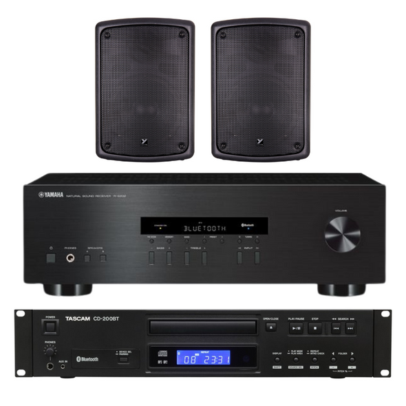Dance Studio Dance System #1  - Ideal for small and medium size Dance Studios: includes a 100 W Stereo Receiver, Tascam CD-200BT CD Player with Bluetooth Receiver, 100 W Speakers (pair), 2 x 20 ft. Speaker Cables, and 1 x 3 ft. Audio Cable (3.5MM to 3.5MM).