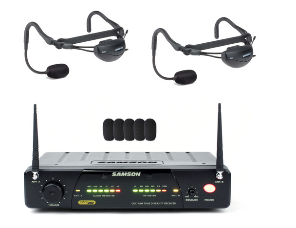 Samson Airline 77 AH1 Headset System BUNDLE:  2 Samson AH7 Headset/Transmitters, 1 Samson CR77 UHF Receiver, 1 FREE Connecting Cable, 2 FREE Sweat Guards, 5 FREE Foam Windscreens