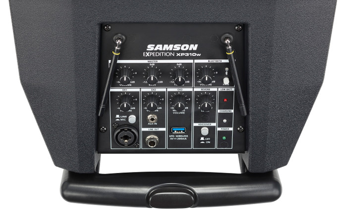 Samson Expedition XP310w 300-Watt 10" Portable Powered PA with Wireless Handheld Microphone, Rechargeable Batteries and Bluetooth® - Full Mixer Panel Samson Expedition XP310w 300-Watt 10" Portable Powered PA with Wireless Handheld Microphone, Rechargeable Batteries and Bluetooth® - Full Mixer Panel