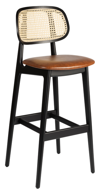 Relish Bar Stool Satin Black Vintage Tan Seat Pad with Natural Cane Back