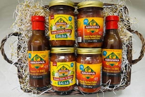Triple Trouble, two each of our award winning sweet 16 bbq sauce, Green Chile garlic salsa and peach perfect salsas.