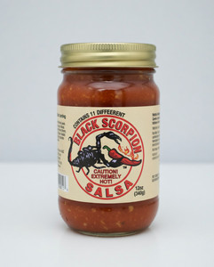Black Scorpion™ Salsa: Heat backed by the flavor of 11 different kinds of peppers make this extra hot salsa sure to please the heat seeker who enjoys great flavor.  Rich, thick and chunky enough to pile on your steak, chicken or mix with rice for a great flavor.