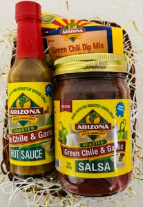 All Natural Award Winning Green Chile and Garlic Hot Sauce and Salsa along with our all natural veggie and chip dip.  Sure to please the green chile lover you know.  