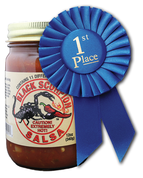 Black Scorpion™ Salsa: Heat backed by the flavor of 11 different kinds of peppers make this extra hot salsa sure to please the heat seeker who enjoys great flavor.  Rich, thick and chunky enough to pile on your steak, chicken or mix with rice for a great flavor.  