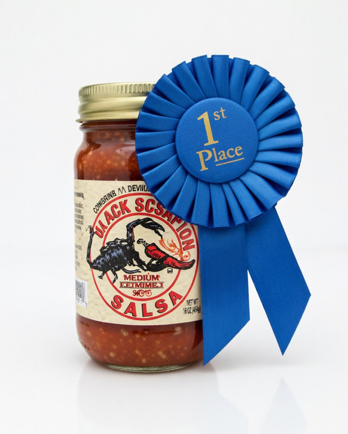 Black Scorpion™ Salsa: Heat backed by the flavor of 11 different kinds of peppers make this extra hot salsa sure to please the heat seeker who enjoys great flavor.  Rich, thick and chunky enough to pile on your steak, chicken or mix with rice for a great flavor.