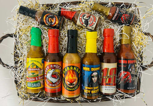 The Hot Sauce Lovers Delight!  All 9 hot Sauces in one nice gift. Great value and a nice keepsake basket.