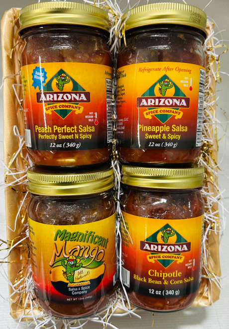 A tropical twist on Southwestern flavor! Four 12-oz jars of all-natural, gluten-free Arizona Spice Company salsas in a festive straw-filled basket:

Peach Perfect Salsa (Sweet n’ Spicy)
Pineapple Salsa (Sweet & Spicy)
Chipotle Black Bean & Corn Salsa
Magnificent Mango Salsa

Bold fruit meets zesty heat – perfect for chips, grilling, or gifting sunshine in every scoop