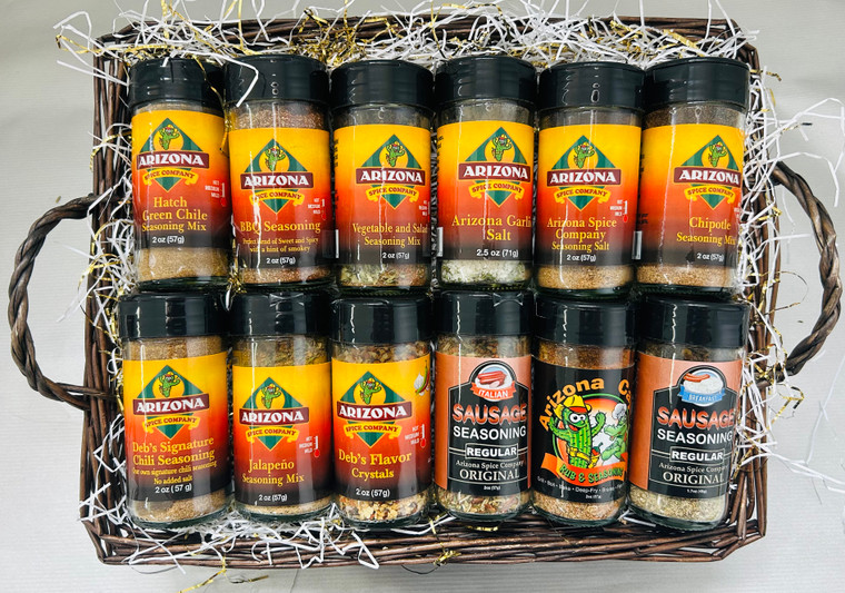 This basket features 12 of our handcrafted seasoning blends, offering a versatile mix of Southwest favorites, classic staples, and signature house creations. Perfect for cooking enthusiasts, gift-giving, or anyone who loves adding bold, easy flavor to everyday meals.