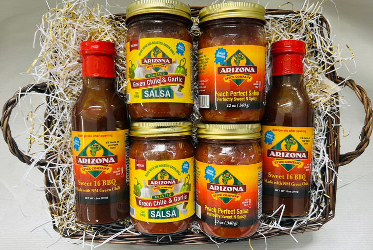 Triple Trouble, two each of our award winning sweet 16 bbq sauce, Green Chile garlic salsa and peach perfect salsas.