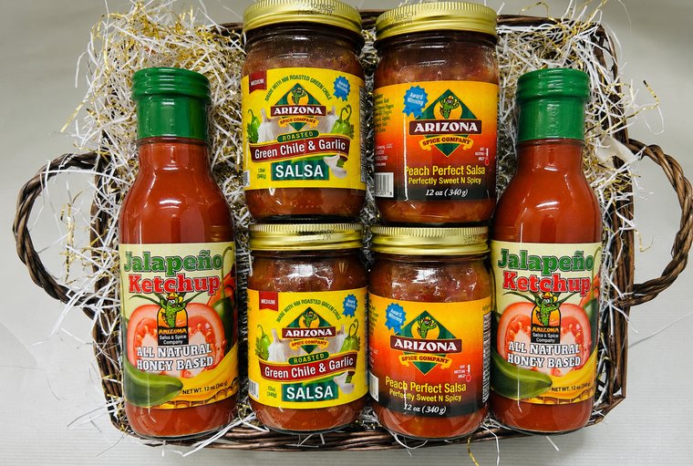 Triple Trouble, two each of our Best Selling Items, Jalapeno Ketchup Green Chile garlic salsa and peach perfect salsas.