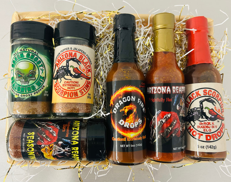 Arizona Inferno Heat Gift Basket
Six extreme-heat Arizona Spice Co. products in a fiery black box:

Dragon Fire Drops (Ghost Pepper)
Black Scorpion Hot Drops (Extremely Hot)
Frightfully Hot Sauce (Reaper Blend)
Scorpion Sting Powder
Green Chile Seasoning
Southwest Burn Seasoning