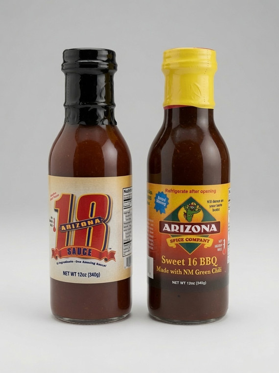 Duo Pack of Arizona 18 ( Very Spicy) and Sweet 16 BBQ Sauces (Mild) for one great price!