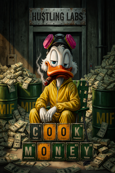 Step into the world of Hustling Labs — where chaos meets luxury and ambition never sleeps.
This ultra-premium artwork features a bold duck character inspired by underground hustle culture, surrounded by stacks of cash, industrial barrels, and gritty cinematic energy.

Designed for modern interiors, man caves, offices, gaming rooms, and luxury spaces, this statement piece blends street attitude with millionaire aesthetics. The rich details, dramatic atmosphere, and iconic “Cook Money” chemistry-style design create a powerful visual that instantly commands attention.

Perfect for entrepreneurs, hustlers, traders, creators, and anyone obsessed with building success on their own terms.

✔ Ultra detailed artwork
✔ Premium luxury aesthetic
✔ Perfect for office, studio, lounge or gaming setup
✔ Masculine modern decor vibe
✔ High-end motivational statement piece

Bring the Hustling Labs energy into your space.