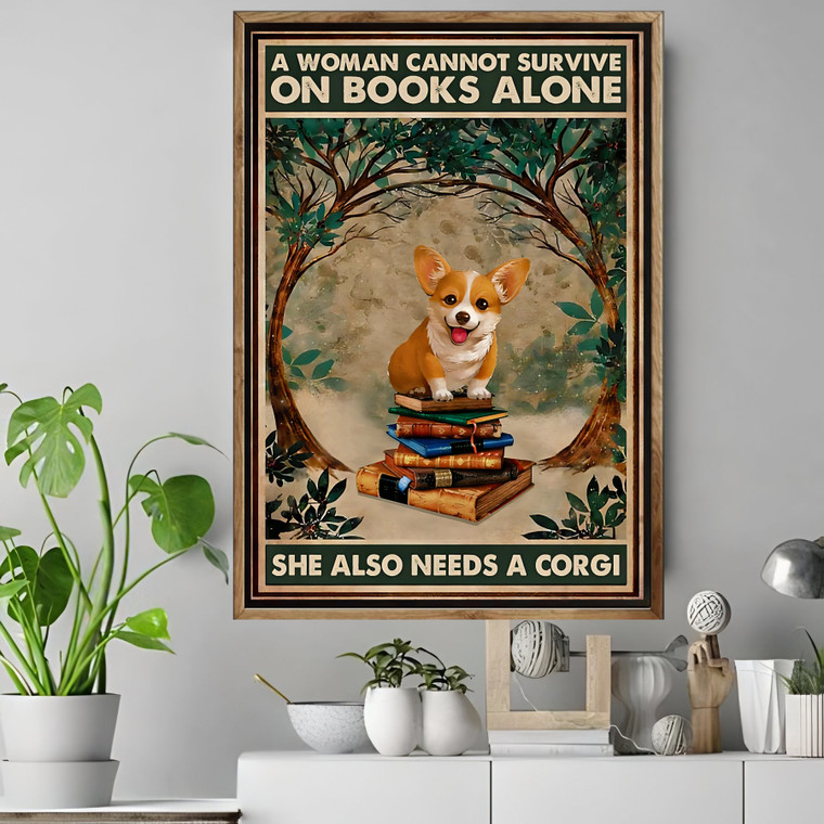Cute Pembroke Welsh Corgi Poster Print  Woman Loves Book & Dog Wall Art Gift for Corgi Lover
