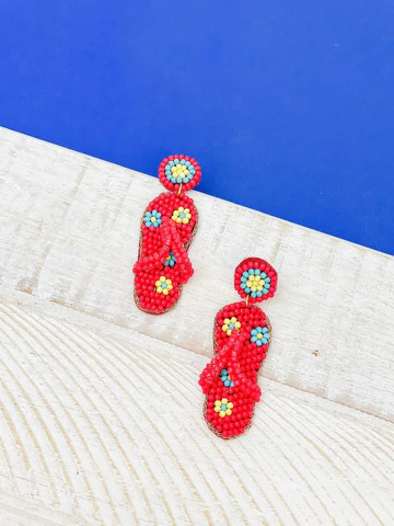 Daisy Flip Flop Dangle Earrings - Red 